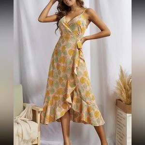 Women’s Size Large Ivory & Pink Floral Spaghetti Strap Maxi Slit Midi Dress